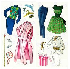 three paper dolls with clothes and accessories on them