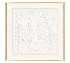 a drawing of leaves in a gold frame on a white wall with a black border