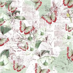 an image of butterflies and leaves on a wallpaper background in red, white and green