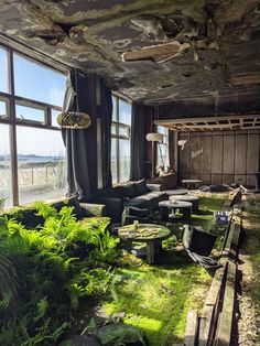 the interior of an abandoned building with moss growing on the floor and windows in it