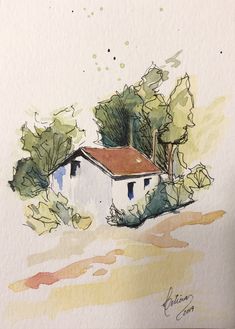 a drawing of a house with trees in the foreground and watercolor on paper