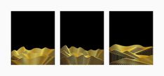 three black and gold wall art panels with wavy lines on them, each panel has an image of mountains in the background