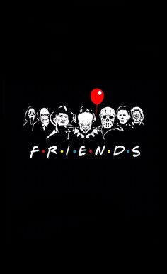 friends wallpaper with balloons and skulls on it in the dark, one red balloon is floating