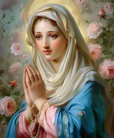 a painting of the immaculate mary holding her hands in prayer with roses around her neck