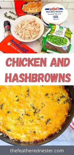 chicken and hashbrowns in a skillet with the title overlay above it