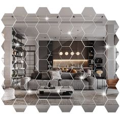 a living room filled with furniture and lots of mirrors