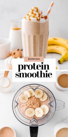 banana protein smoothie in a blender with the title overlay