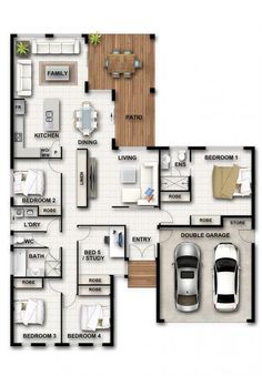 the floor plan for an apartment with two cars parked in it and three bedroom, one bathroom