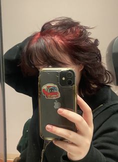 Dyed Roots On Brown Hair, Black Hair With Red Roots, Red Roots Brown Hair, Black And Red Wolf Cut, Red And Black Wolf Cut, Red Wolf Cut Short