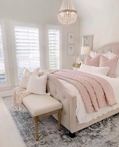 a bedroom with white furniture and pink bedding on the bottom row is featured in an instagram