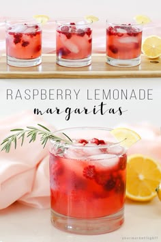 raspberry lemonade margaritas in glasses with rosemary garnish on the rim