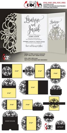 wedding stationery with black and yellow paper cutouts on the front, bottom and bottom