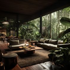 a living room filled with furniture and lots of plants