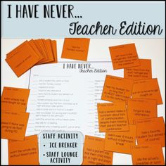 i have never teacher edition poster with orange sticky notes on the front and back of it