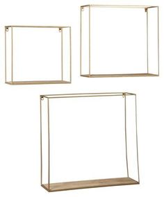 three gold metal shelvings on white background