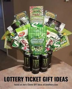 a large display of beer and snacks on a counter with caption that reads, lottery ticket gift ideas found on any clutter diy