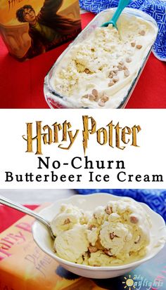 a bowl of buttered ice cream next to a box of harry potter no churns