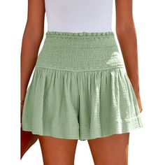 ZXZY Women Smocked Elastic High Waist Flowy Solid Color Shorts is sold by Power ZXZ LLC. Note: 1. Please refer to our size image chart before ordering. That's the size of this item. 2. Garment Care: Do not screw, Dry in the air, Hand Washes, Do not Bleach, Non-High-Temperature Ironing, Avoid Over Exposure. 3. Due to the shooting angle and tailoring, there may be a little difference in the color and pattern position between the product and its picture showed. Size: XL.  Color: Green.  Gender: fem Elastic Shorts, Ruffle Shorts, Plus Size Shorts, Summer Fabrics, Cute Shorts, Aaliyah, Dress Cuts, Belleza Natural, Dresses With Leggings