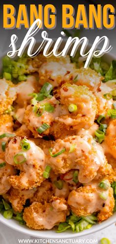 a white bowl filled with chicken and broccoli covered in ranch bang shrimp sauce