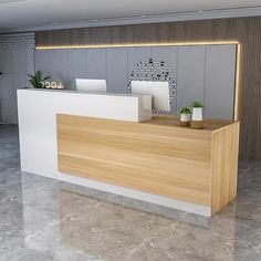 the front desk of a modern office with white and wood accents on the wall behind it