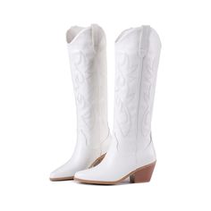 Outer Material Polyurethane (Pu) Classic Designthese Western Cowboy Boots Feature A Classic Embroidered Design, Pull-On Style, Almond-Shaped Pointed Toe, Chunky Mid-Heel, Rubber Sole And Breathable Mesh Lining. Heel Height6.5 Cm (2.56) Inches. Medium Heel Height For Easy Walking. These White Cowboy Boots Are Made Of Comfortable, Breathable And Warm Materials. The Moderate Heel Height Will Enhance The Whole Person's Temperament And Will Also Make The Clothes, Skirts And Pants You Wear With Them M Fitted White Faux Leather Boots, Casual Polyurethane Boots For Spring, White Faux Leather Boots For Spring, White Faux Leather Spring Boots, Spring White Faux Leather Boots, Casual White Faux Leather Boots, Trendy White Faux Leather Boots, High Heel Cowboy Boots, Clothes Skirts