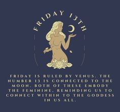 the zodiac sign for friday 13th is shown in gold on a dark blue background with an image of a woman holding a crescent