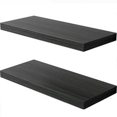 two black shelves are shown against a white background and one is made out of wood