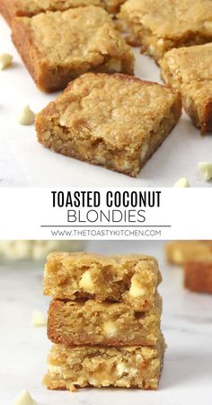 three different views of toasted coconut blondies stacked on top of each other