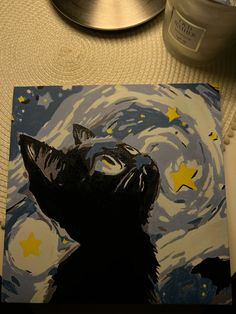 a painting of a black cat with stars on it