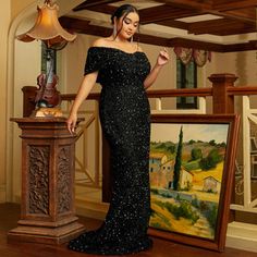 Plus Size Women's Wedding Gown Formal Party Luxury Off Shoulder Sequin Evening Dress Baju Wedding, All Black Wedding, Shimmering Gown, Bodycon Prom Dress, Plus Size Gown, Prom Dress Pattern, Dance Dress Ideas, Bday Dress, Plus Size Fashion Ideas