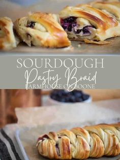 blueberry cheese danish pastries on parchment paper with text overlay that reads sourdough pastry bread