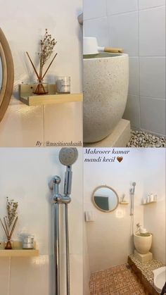 three pictures of different bathroom fixtures including a sink, toilet and shower head with plants on the shelf