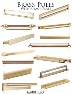 brass pulls with a back plate are shown in various sizes and shapes, including the handles