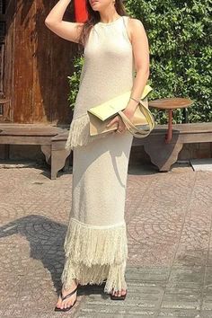 Elegant Fringed Trim O Neck Sleeveless Two Pieces Skirt Suits, 2 Piece Skirt Set, Women Skirt, Long Midi Dress, Fashion Female