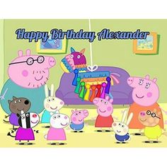 peppa pig birthday card with family in the background and happy birthday flanner