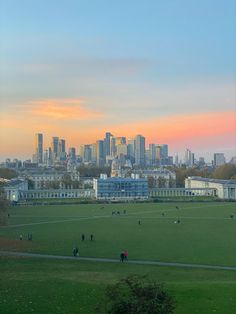 people are playing soccer in a field with the cityscape in the back ground