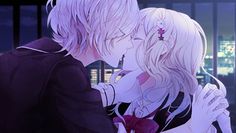 an anime couple kissing in front of a cityscape at night with the lights on