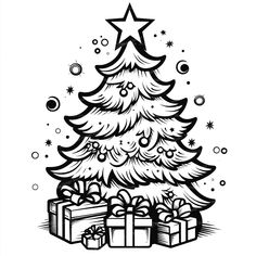 a christmas tree with presents under it and stars on the top, in black and white