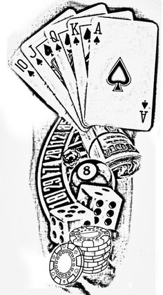 playing cards and dices in black and white with the ace symbol above them,