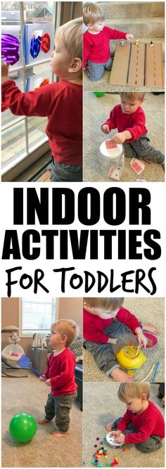 the words indoor activities for toddlers are in black and white, with images of children playing