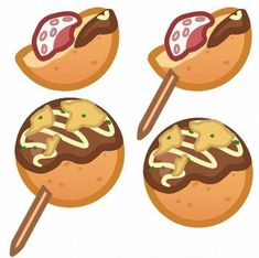 an image of some food on sticks in the middle of three different foods, one with meat and cheese