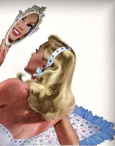 two women looking at each other in front of a mirror with the image of a woman brushing her teeth