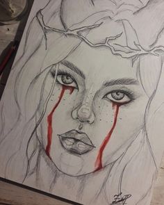 a drawing of a woman with blood on her face