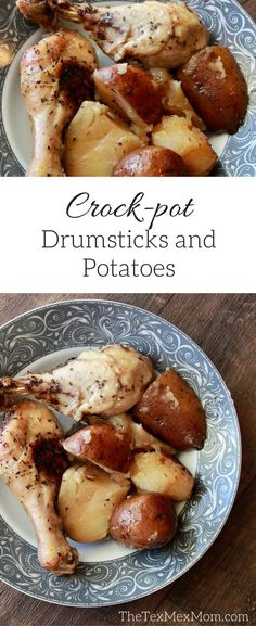 two plates with chicken, potatoes and crockpots on them in different ways