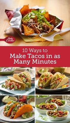 many tacos in different pictures with the words 10 ways to make tacos in as many minutes