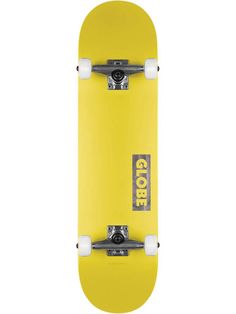 a yellow skateboard with the word code on it's bottom and two white wheels