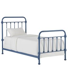 a blue metal bed frame with white sheets and pillows on the bottom, against a white background