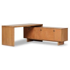 an office desk with two drawers and cupboards