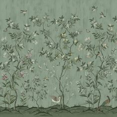 a painting of birds and flowers on a green wallpapered room with two trees