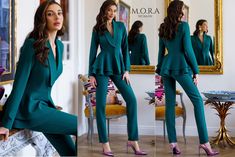 Make a statement with our exquisite Women's Green Suit, boasting a flattering Peplum design. Ideal for any occasion, this Chic Pantsuit radiates sophistication and charm, ensuring you stand out effortlessly wherever you go. *WHERE TO WEAR -A women's pantsuit is perfect for formal events and special occasions. *DETAILS -fitted peplum blazer   -blazer with a viscose lining, made of a fabric that feels pleasant against the skin -has small shoulder pads -blazer fastens with a fabric-covered button -high-rise fitted pants -flared trousers -the pockets on the trousers are functional  *MATERIAL - Premium quality crepe, which consists of 55% viscose, 40% polyester and 5% elastan *SIZES The model in photos is wearing a size XS Available in 4 sizes: XS = 2 US numeric BUST 32-34 inches or 82-86 cm WA Chic Pantsuit, Green Pantsuit, Green Suit Women, Women's Pantsuit, Peplum Pants, Peplum Suit, Outfits For Wedding, Suit Measurements, Peplum Design